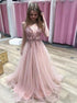A Line Pink V Neck Tulle Sequin Beads Long Prom Dress LBQ3726